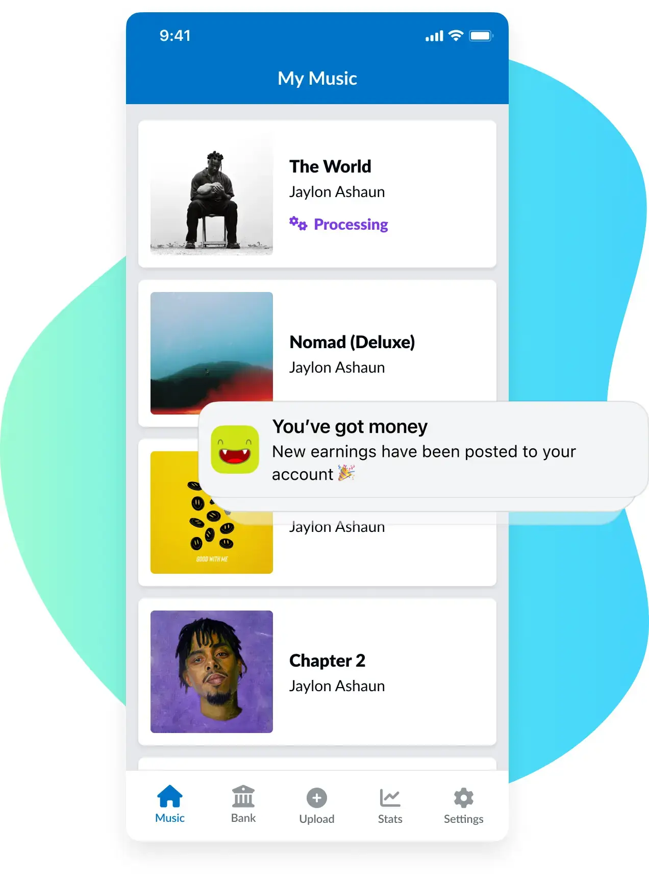 Eksempel på musiksiden på DistroKid iPhone-appen med en blå klatform bag den og et eksempel af en push-notifikation, der fortæller folk om de har penge i banken.
