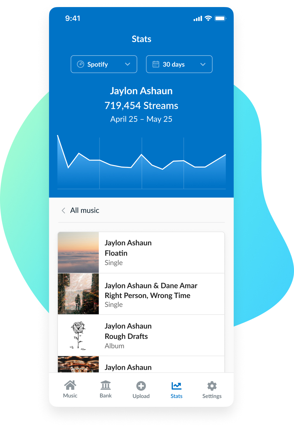 Eksempel på DistroKids statistikkfane i iPhone med en blå klatt som bakgrunn der det vises statistikk for Spotify og Apple Music