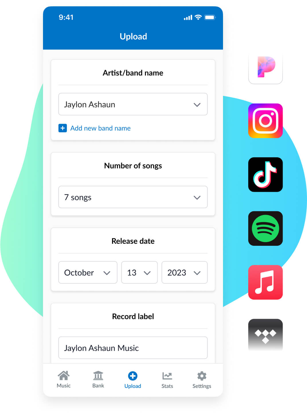 Contoh formulir unggahan di aplikasi DistroKid untuk iPhone dengan bentuk gumpalan biru di belakangnya. Juga ada daftar ikon di mana musikmu akan didistribusikan: Pandora, Instagram, TikTok, Apple Music, dan Spotify